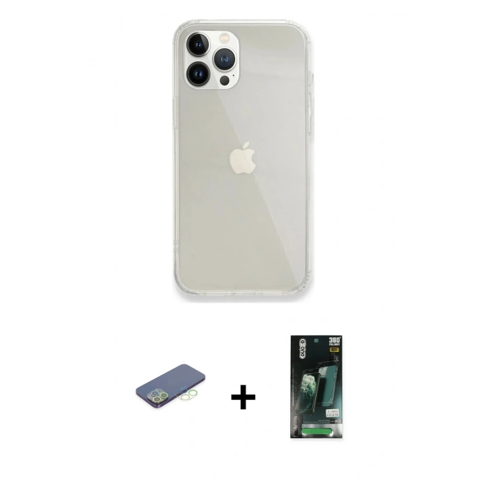 MARSİLYAN™- iPhone 13 Pro Max Kılıf Vadi Asil Prime - Şeffaf 360 Full Body Arka Koruyucu + Renkli Kamera Lens Koruma Cam - YL