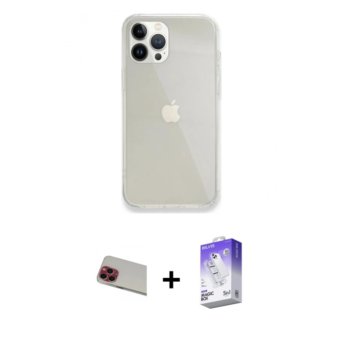 MARSİLYAN™- iPhone 13 Pro Max Kılıf Vadi Asil Prime - Siyah Bilvis 5in1 3D Magic Cam Ekran Koruyucu + Kırmızı Rainbow Kamera Lens Koruma Cam
