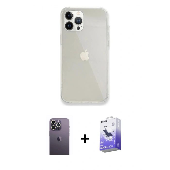 MARSİLYAN™- iPhone 13 Pro Max Kılıf Vadi Asil Prime - Siyah Bilvis 5in1 5D Magic Hayalet Cam Ekran Koruyucu + Neon Fosforlu Kamera Lens - BZ