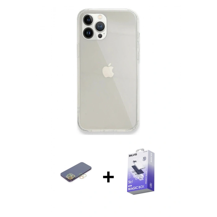 MARSİLYAN™- iPhone 13 Pro Max Kılıf Vadi Asil Prime - Siyah Bilvis 5in1 5D Magic Hayalet Cam Ekran Koruyucu + Renkli Kamera Lens Koruma Cam - SI