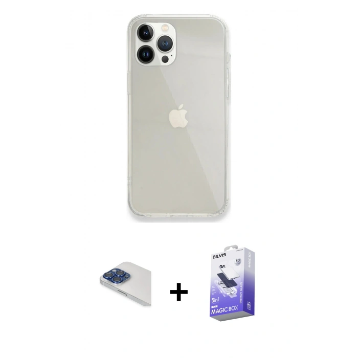 MARSİLYAN™- iPhone 13 Pro Max Kılıf Vadi Asil Prime - Siyah Bilvis 5in1 5D Magic Hayalet Cam Ekran Koruyucu + Lacivert Pers Alüminyum Kamera Lens