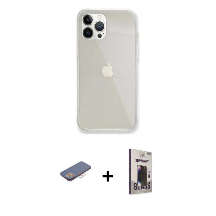 MARSİLYAN™- iPhone 13 Pro Max Kılıf Vadi Asil Prime - Siyah Bilvis Hayalet Cam Ekran Koruyucu + Renkli Kamera Lens Koruma Cam - PE