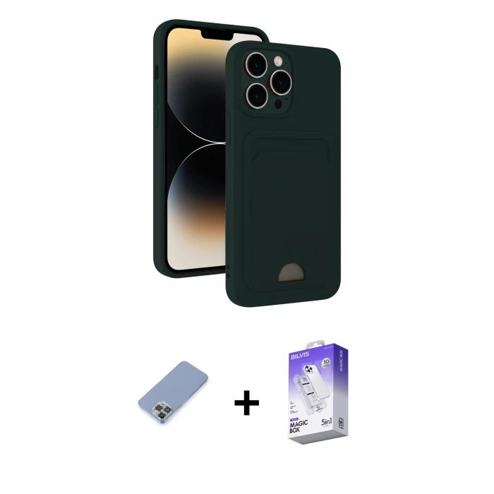 MARSİLYAN™- iPhone 13 Pro Max Kılıf Vadi Çizgi Prime - Siyah Bilvis 5in1 3D Magic Cam Ekran Koruyucu + Koyu Yeşil Metal Kamera Lens Koruma Cam