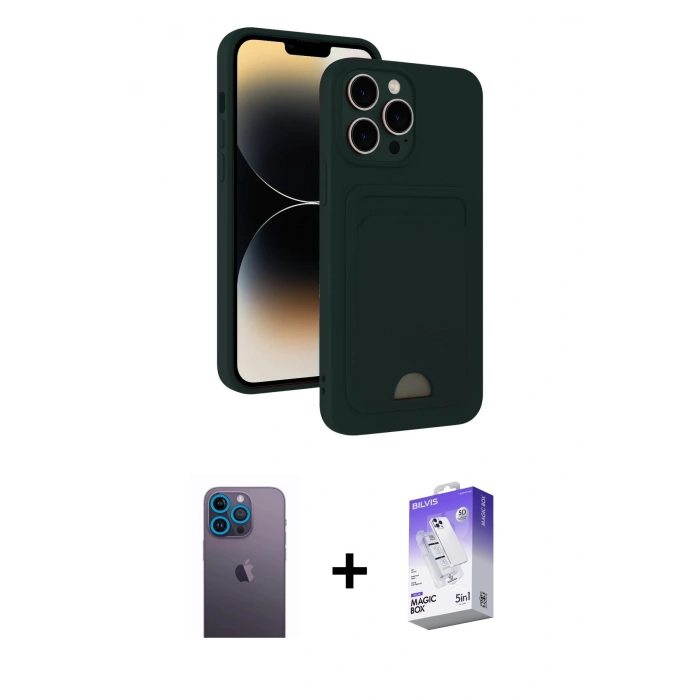 MARSİLYAN™- iPhone 13 Pro Max Kılıf Vadi Çizgi Prime - Siyah Bilvis 5in1 3D Magic Cam Ekran Koruyucu + Neon Fosforlu Kamera Lens - MI