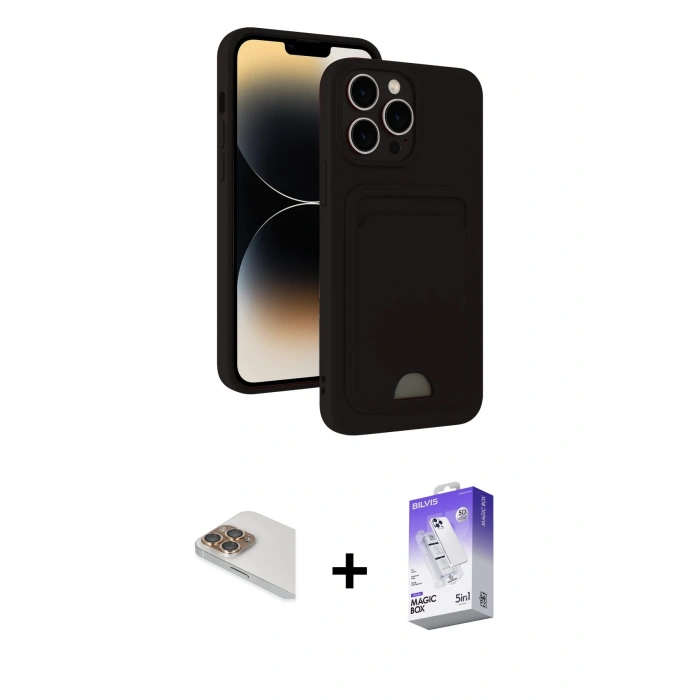 MARSİLYAN™- iPhone 13 Pro Max Kılıf Vadi Çizgi Prime - Siyah Bilvis 5in1 3D Magic Cam Ekran Koruyucu + Pers Alüminyum Kamera Lens - GD