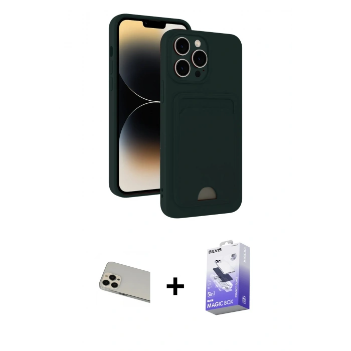 MARSİLYAN™- iPhone 13 Pro Max Kılıf Vadi Çizgi Prime - Siyah Bilvis 5in1 5D Magic Hayalet Cam Ekran Koruyucu + Rose Gold Rainbow Kamera Lens Koruma Cam