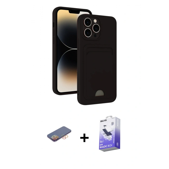 MARSİLYAN™- iPhone 13 Pro Max Kılıf Vadi Çizgi Prime - Siyah Bilvis 5in1 5D Magic Hayalet Cam Ekran Koruyucu + Turuncu Renkli Kamera Lens Koruma Cam