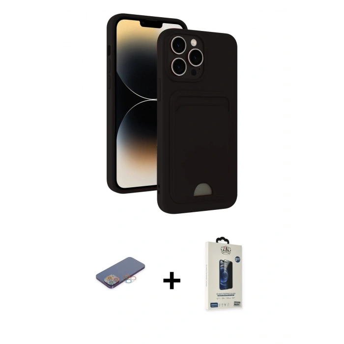 MARSİLYAN™- iPhone 13 Pro Max Kılıf Vadi Çizgi Prime - Siyah Bilvis Hayalet Cam Ekran Koruyucu + Renkli Kamera Lens Koruma Cam - PE