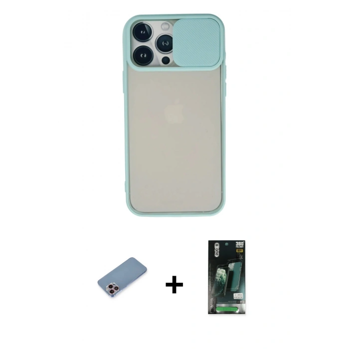 MARSİLYAN™- iPhone 13 Pro Max Kılıf Vadi Çizgi - Şeffaf 360 Full Body Arka Koruyucu + Pembe Shine Kamera Lens Koruma Cam