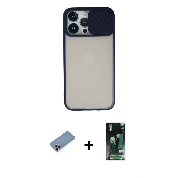 MARSİLYAN™- iPhone 13 Pro Max Kılıf Vadi Çizgi - Şeffaf 360 Full Body Arka Koruyucu + Pembe Shine Kamera Lens Koruma Cam