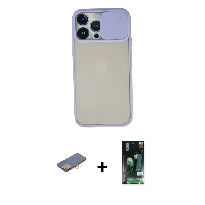 MARSİLYAN™- iPhone 13 Pro Max Kılıf Vadi Çizgi - Şeffaf 360 Full Body Arka Koruyucu + Renkli Kamera Lens Koruma Cam - SI