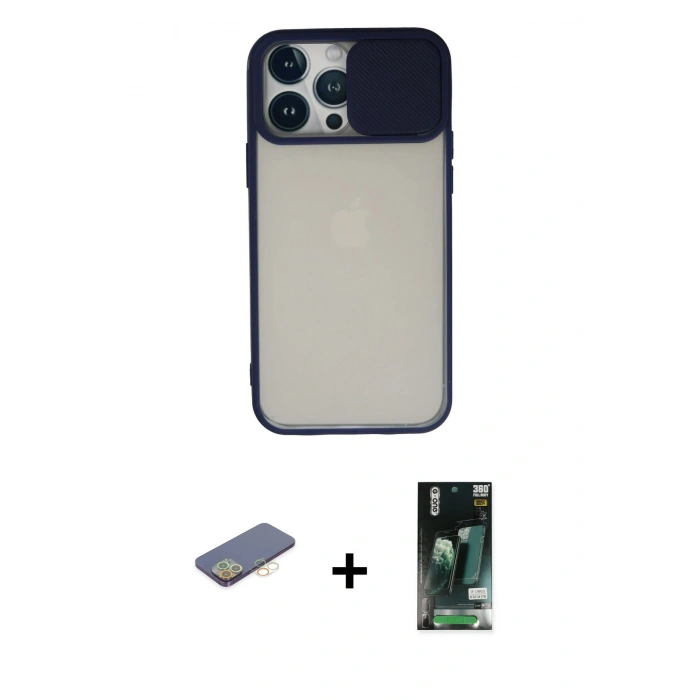 MARSİLYAN™- iPhone 13 Pro Max Kılıf Vadi Çizgi - Şeffaf 360 Full Body Arka Koruyucu + Renkli Kamera Lens Koruma Cam - SI