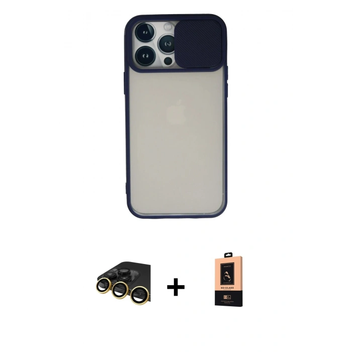 MARSİLYAN™- iPhone 13 Pro Max Kılıf Vadi Çizgi - Şeffaf Maxco Cam Ekran Koruyucu + Gold Raze Metal Kamera Lens