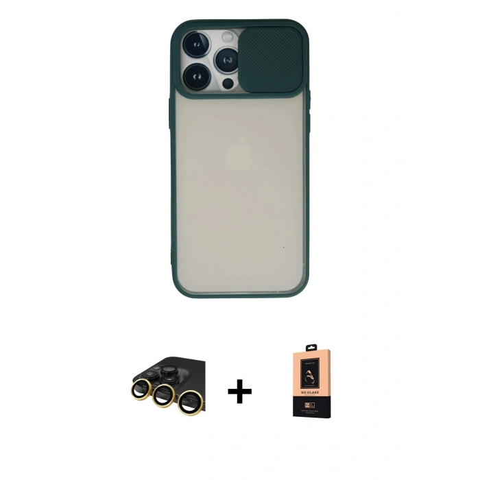 MARSİLYAN™- iPhone 13 Pro Max Kılıf Vadi Çizgi - Şeffaf Maxco Cam Ekran Koruyucu + Gold Raze Metal Kamera Lens
