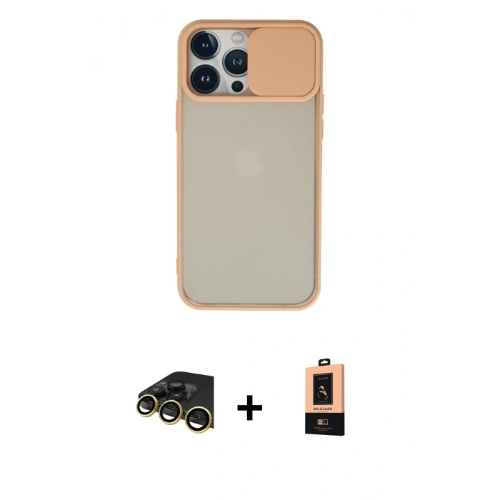 MARSİLYAN™- iPhone 13 Pro Max Kılıf Vadi Çizgi - Şeffaf Maxco Cam Ekran Koruyucu + Gold Raze Metal Kamera Lens