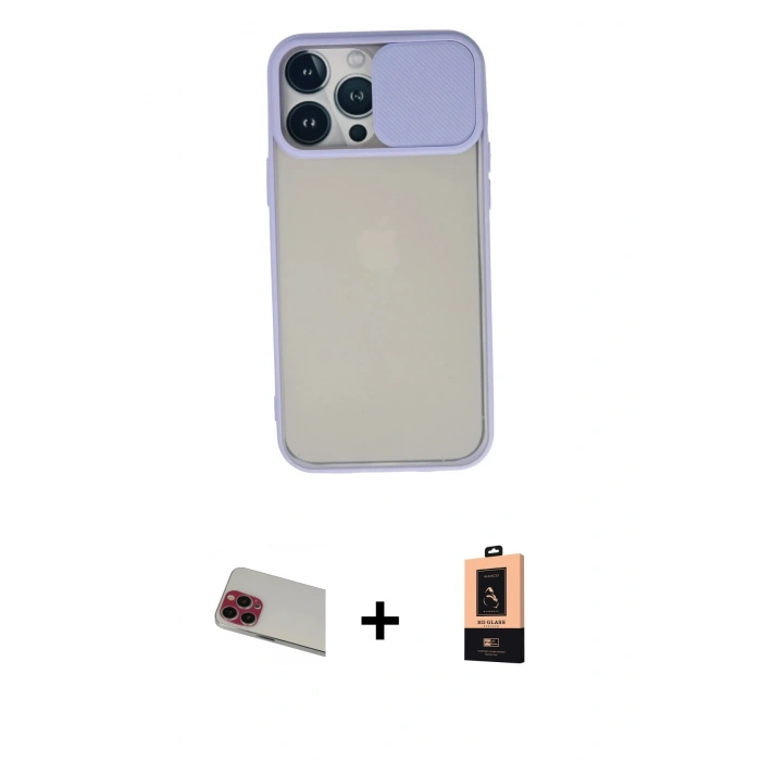 MARSİLYAN™- iPhone 13 Pro Max Kılıf Vadi Çizgi - Şeffaf Maxco Cam Ekran Koruyucu + Kırmızı Rainbow Kamera Lens Koruma Cam