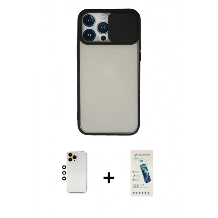MARSİLYAN™- iPhone 13 Pro Max Kılıf Vadi Çizgi - Şeffaf Pasifik Cam Ekran Koruyucu + Shine Kamera Lens - GD