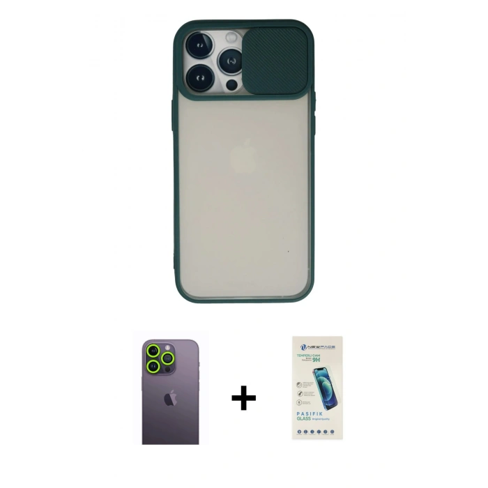 MARSİLYAN™- iPhone 13 Pro Max Kılıf Vadi Çizgi - Şeffaf Pasifik Cam Ekran Koruyucu + Neon Fosforlu Kamera Lens - YL