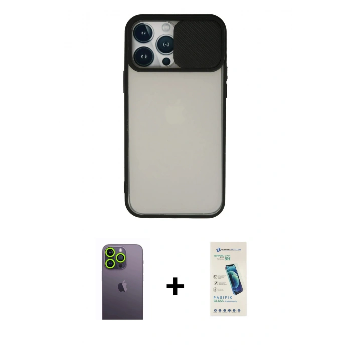 MARSİLYAN™- iPhone 13 Pro Max Kılıf Vadi Çizgi - Şeffaf Pasifik Cam Ekran Koruyucu + Neon Fosforlu Kamera Lens - YL