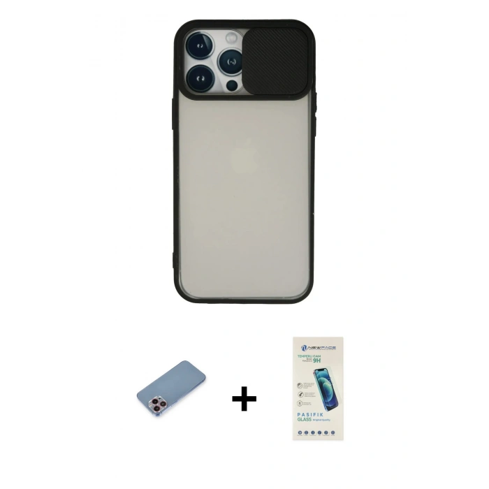 MARSİLYAN™- iPhone 13 Pro Max Kılıf Vadi Çizgi - Şeffaf Pasifik Cam Ekran Koruyucu + Pembe Shine Kamera Lens Koruma Cam