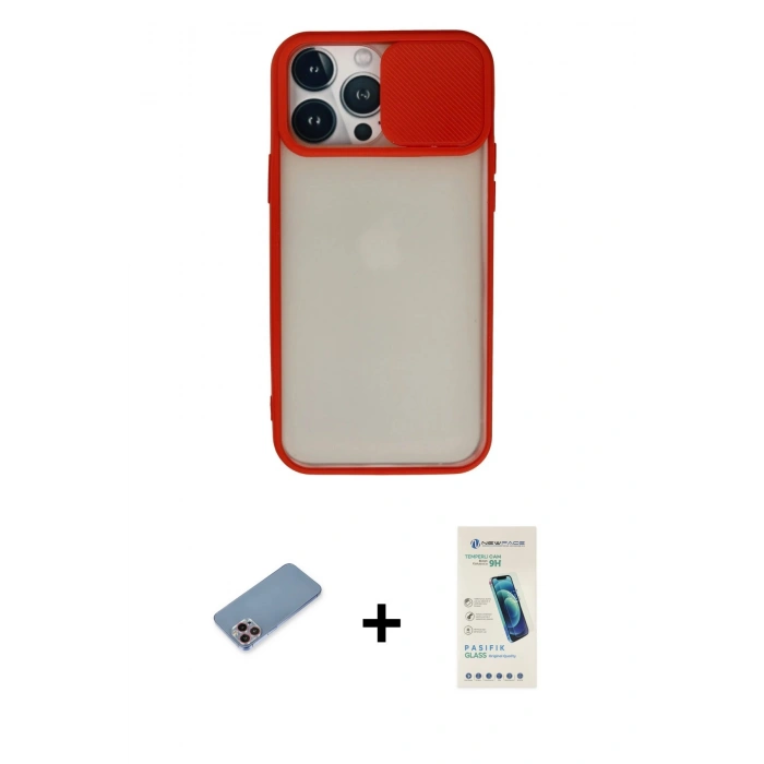 MARSİLYAN™- iPhone 13 Pro Max Kılıf Vadi Çizgi - Şeffaf Pasifik Cam Ekran Koruyucu + Pembe Shine Kamera Lens Koruma Cam