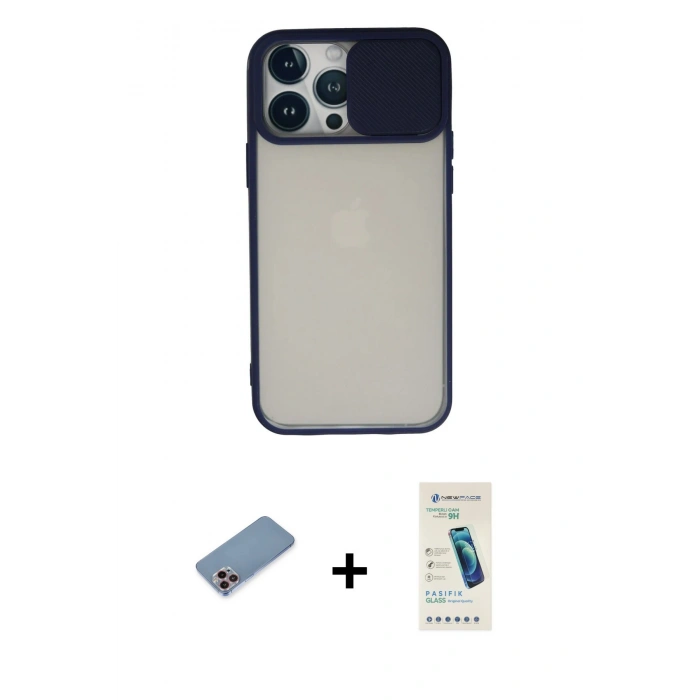 MARSİLYAN™- iPhone 13 Pro Max Kılıf Vadi Çizgi - Şeffaf Pasifik Cam Ekran Koruyucu + Pembe Shine Kamera Lens Koruma Cam