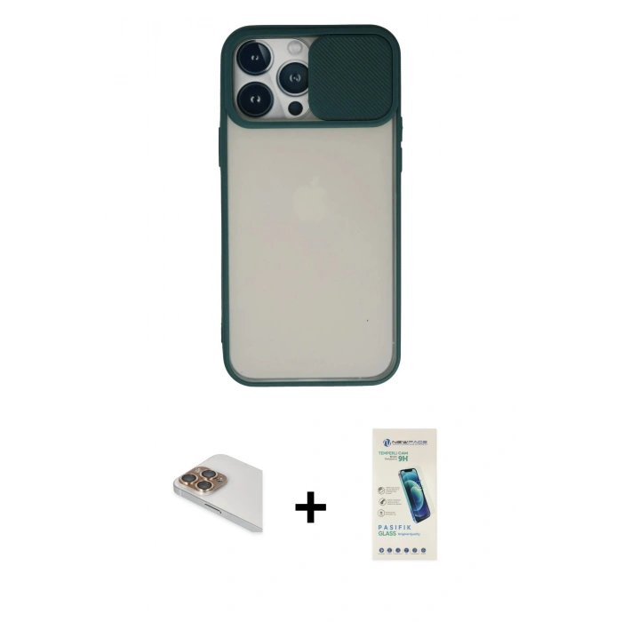 MARSİLYAN™- iPhone 13 Pro Max Kılıf Vadi Çizgi - Şeffaf Pasifik Cam Ekran Koruyucu + Pers Alüminyum Kamera Lens - GD