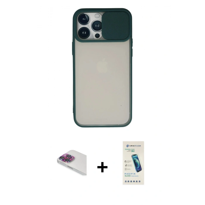 MARSİLYAN™- iPhone 13 Pro Max Kılıf Vadi Çizgi - Şeffaf Pasifik Cam Ekran Koruyucu + Pers Alüminyum Kamera Lens - GI