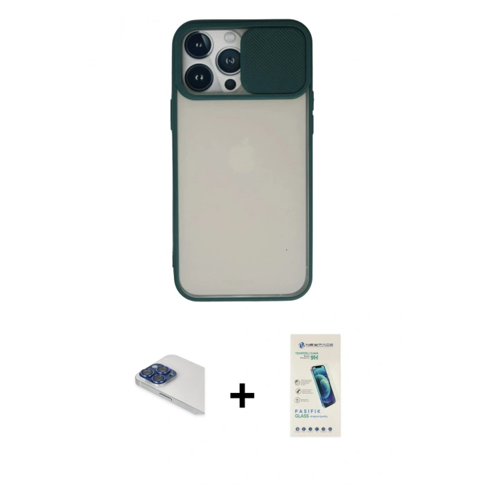 MARSİLYAN™- iPhone 13 Pro Max Kılıf Vadi Çizgi - Şeffaf Pasifik Cam Ekran Koruyucu + Pers Alüminyum Kamera Lens - LT