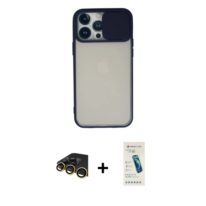 MARSİLYAN™- iPhone 13 Pro Max Kılıf Vadi Çizgi - Şeffaf Pasifik Cam Ekran Koruyucu + Raze Metal Kamera Lens - GD