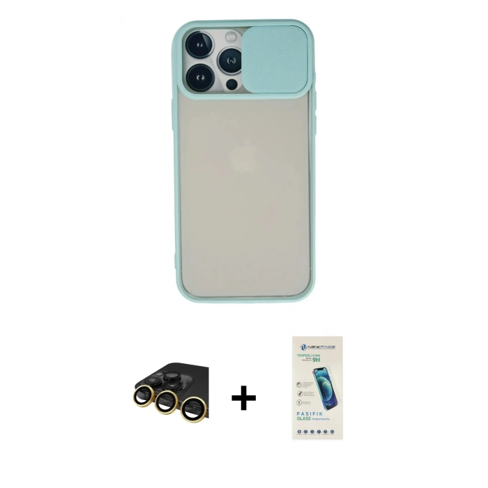 MARSİLYAN™- iPhone 13 Pro Max Kılıf Vadi Çizgi - Şeffaf Pasifik Cam Ekran Koruyucu + Raze Metal Kamera Lens - GD