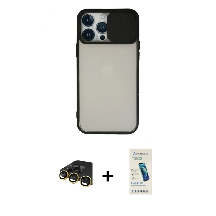 MARSİLYAN™- iPhone 13 Pro Max Kılıf Vadi Çizgi - Şeffaf Pasifik Cam Ekran Koruyucu + Raze Metal Kamera Lens - GD