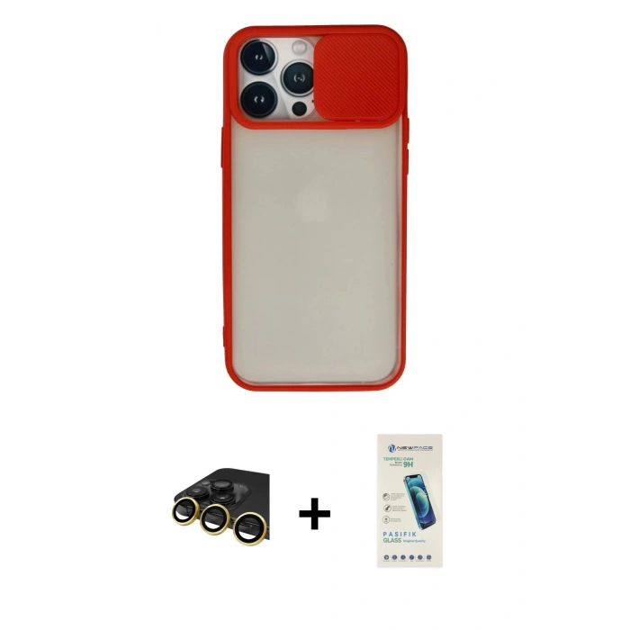 MARSİLYAN™- iPhone 13 Pro Max Kılıf Vadi Çizgi - Şeffaf Pasifik Cam Ekran Koruyucu + Raze Metal Kamera Lens - GD