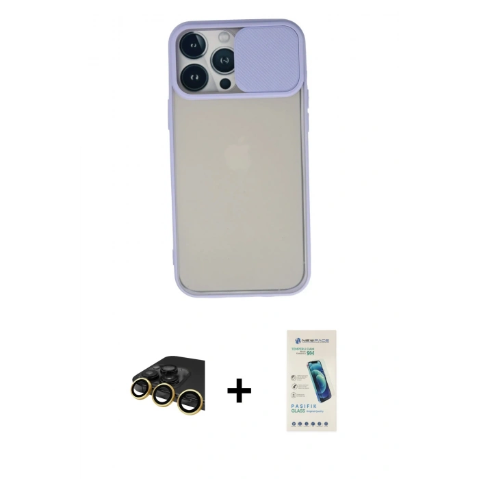 MARSİLYAN™- iPhone 13 Pro Max Kılıf Vadi Çizgi - Şeffaf Pasifik Cam Ekran Koruyucu + Raze Metal Kamera Lens - GD