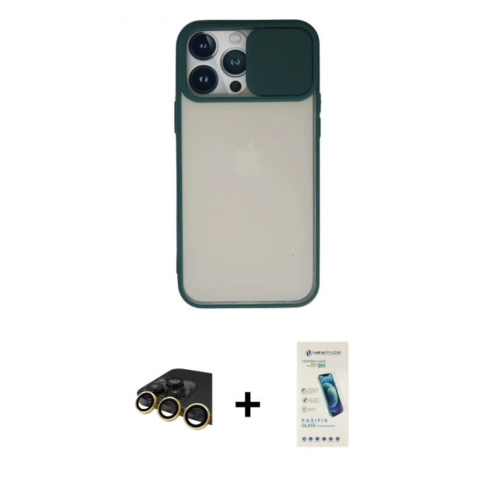 MARSİLYAN™- iPhone 13 Pro Max Kılıf Vadi Çizgi - Şeffaf Pasifik Cam Ekran Koruyucu + Raze Metal Kamera Lens - GD