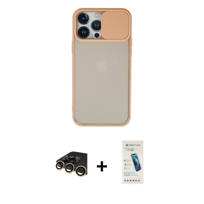 MARSİLYAN™- iPhone 13 Pro Max Kılıf Vadi Çizgi - Şeffaf Pasifik Cam Ekran Koruyucu + Raze Metal Kamera Lens - GD