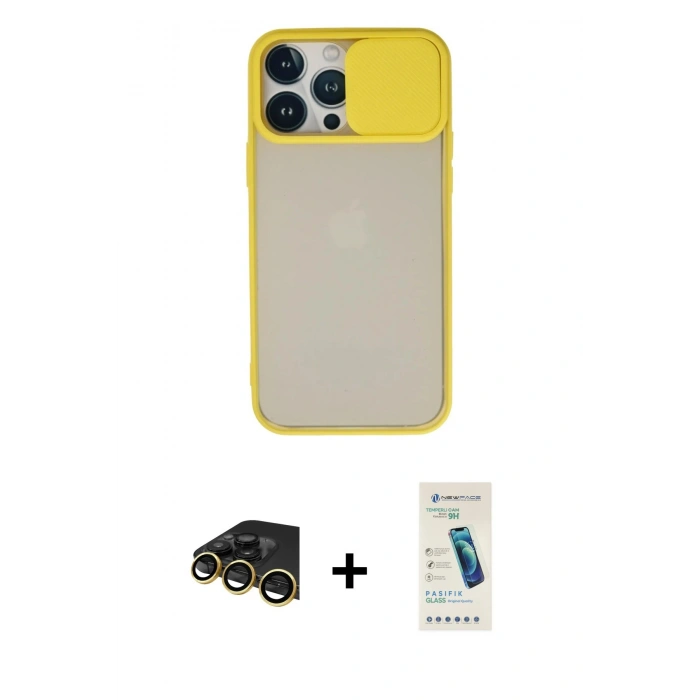 MARSİLYAN™- iPhone 13 Pro Max Kılıf Vadi Çizgi - Şeffaf Pasifik Cam Ekran Koruyucu + Raze Metal Kamera Lens - GD