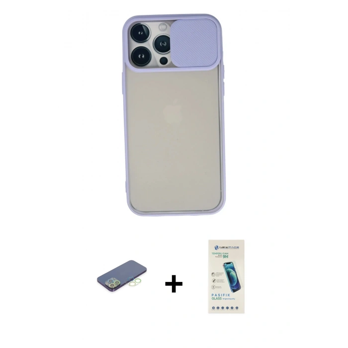 MARSİLYAN™- iPhone 13 Pro Max Kılıf Vadi Çizgi - Şeffaf Pasifik Cam Ekran Koruyucu + Renkli Kamera Lens Koruma Cam - YL