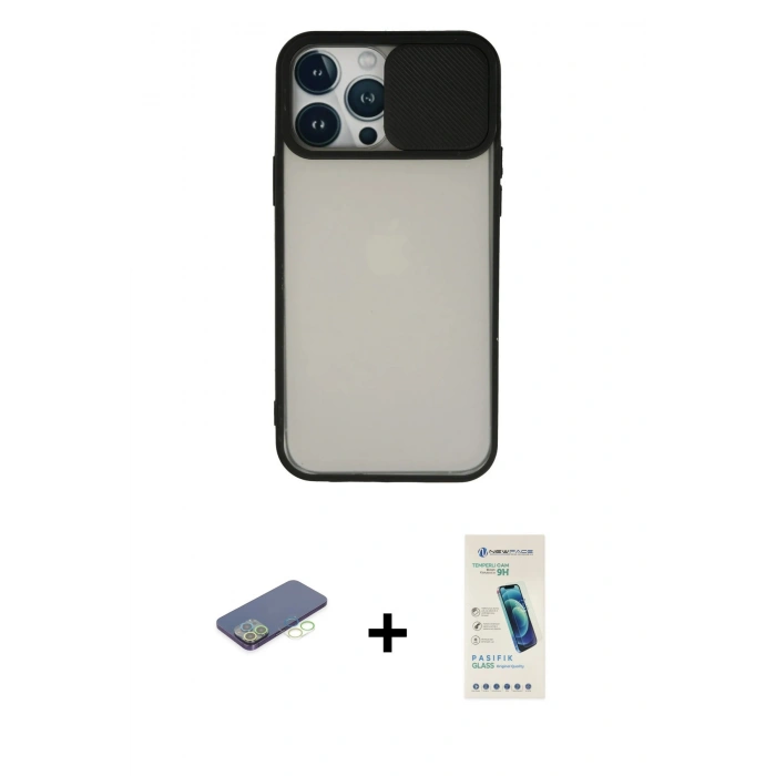 MARSİLYAN™- iPhone 13 Pro Max Kılıf Vadi Çizgi - Şeffaf Pasifik Cam Ekran Koruyucu + Renkli Kamera Lens Koruma Cam - YL