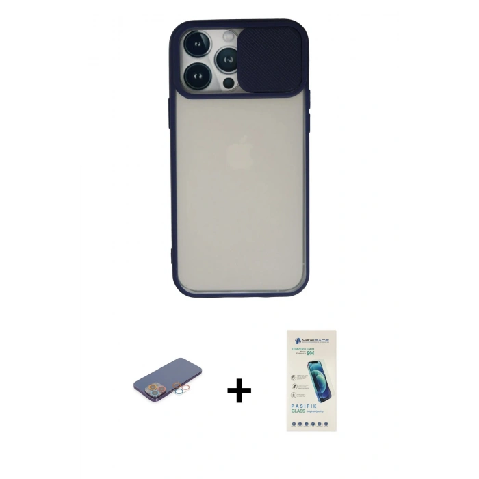 MARSİLYAN™- iPhone 13 Pro Max Kılıf Vadi Çizgi - Şeffaf Pasifik Cam Ekran Koruyucu + Renkli Kamera Lens Koruma Cam - PE