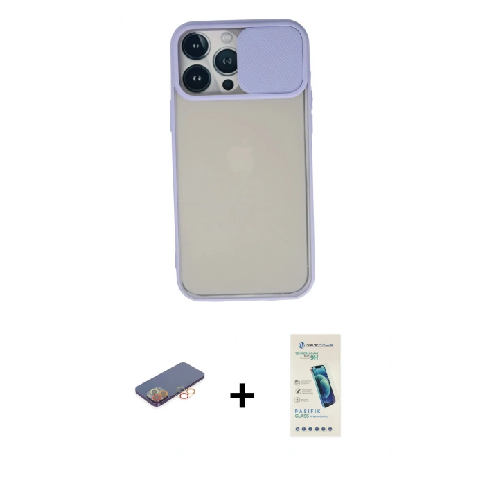 MARSİLYAN™- iPhone 13 Pro Max Kılıf Vadi Çizgi - Şeffaf Pasifik Cam Ekran Koruyucu + Renkli Kamera Lens Koruma Cam - TU