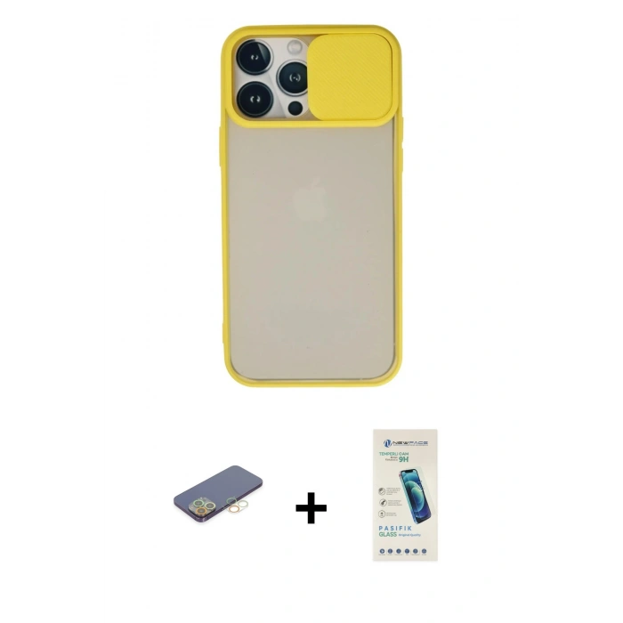 MARSİLYAN™- iPhone 13 Pro Max Kılıf Vadi Çizgi - Şeffaf Pasifik Cam Ekran Koruyucu + Renkli Kamera Lens Koruma Cam - SI