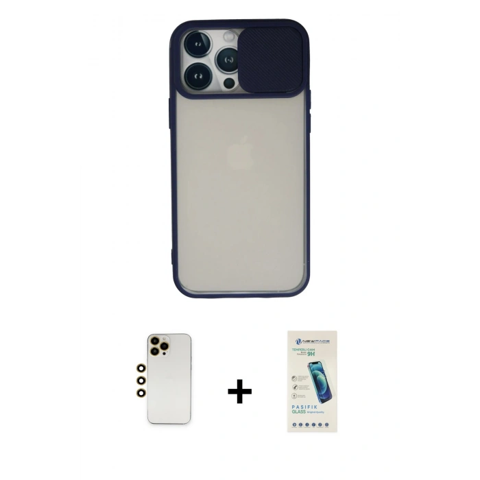 MARSİLYAN™- iPhone 13 Pro Max Kılıf Vadi Çizgi - Şeffaf Pasifik Cam Ekran Koruyucu + Shine Kamera Lens - GD