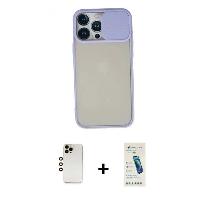 MARSİLYAN™- iPhone 13 Pro Max Kılıf Vadi Çizgi - Şeffaf Pasifik Cam Ekran Koruyucu + Shine Kamera Lens - GD