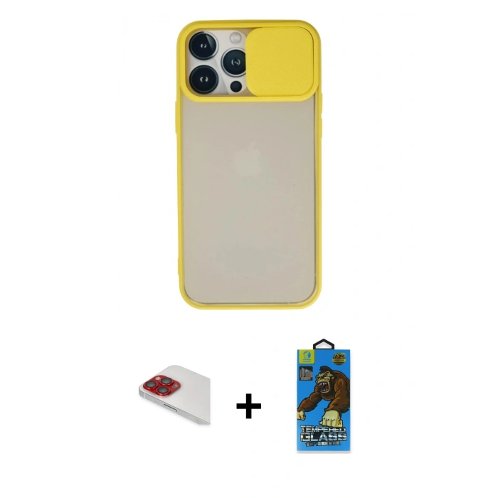 MARSİLYAN™- iPhone 13 Pro Max Kılıf Vadi Çizgi - Siyah 18D Cam Ekran Koruyucu + Kırmızı Pers Alüminyum Kamera Lens