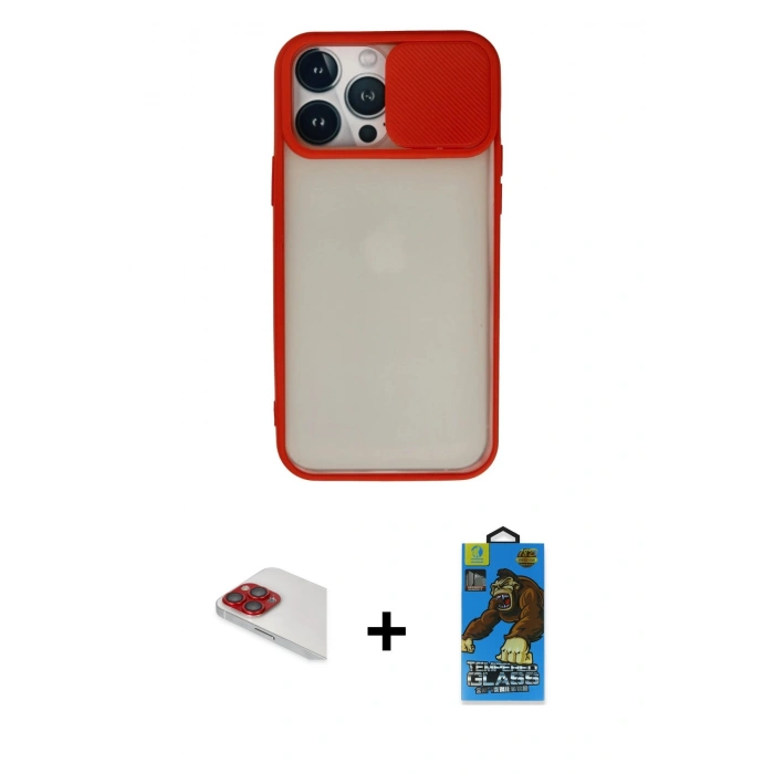 MARSİLYAN™- iPhone 13 Pro Max Kılıf Vadi Çizgi - Siyah 18D Cam Ekran Koruyucu + Kırmızı Pers Alüminyum Kamera Lens