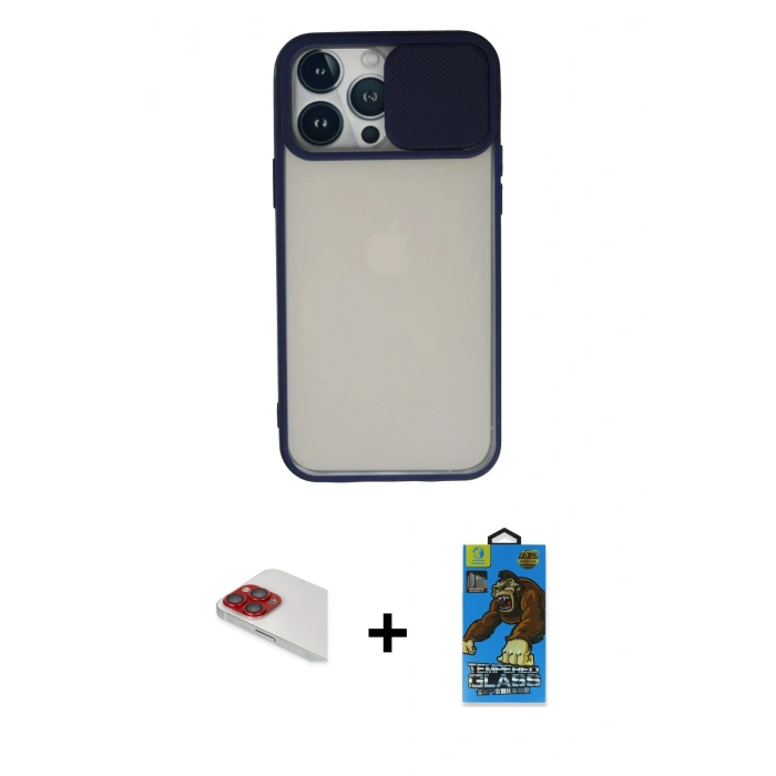 MARSİLYAN™- iPhone 13 Pro Max Kılıf Vadi Çizgi - Siyah 18D Cam Ekran Koruyucu + Kırmızı Pers Alüminyum Kamera Lens