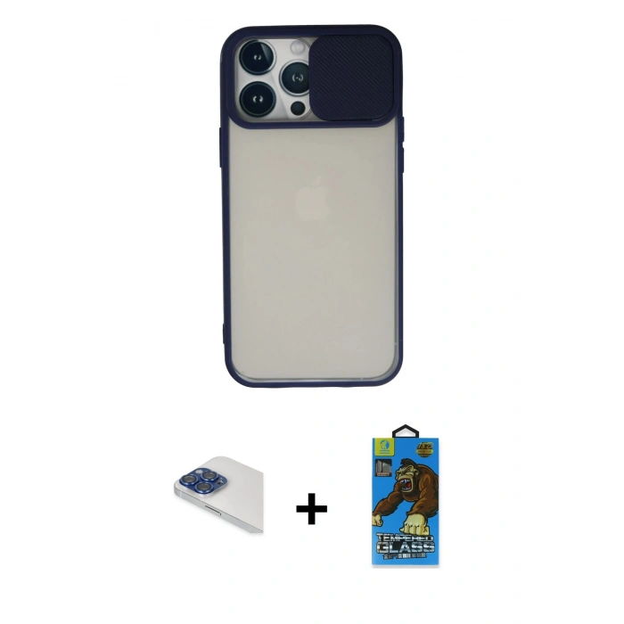 MARSİLYAN™- iPhone 13 Pro Max Kılıf Vadi Çizgi - Siyah 18D Cam Ekran Koruyucu + Pers Alüminyum Kamera Lens - LT