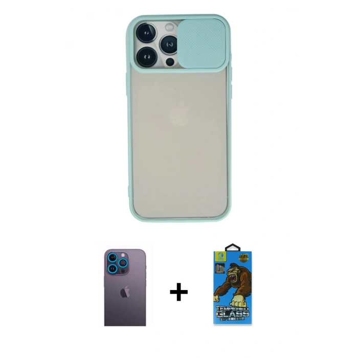 MARSİLYAN™- iPhone 13 Pro Max Kılıf Vadi Çizgi - Siyah 18D Cam Ekran Koruyucu + Mavi Neon Fosforlu Kamera Lens