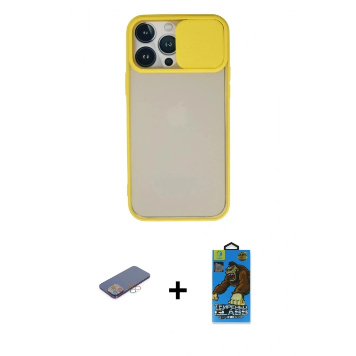 MARSİLYAN™- iPhone 13 Pro Max Kılıf Vadi Çizgi - Siyah 18D Cam Ekran Koruyucu + Renkli Kamera Lens Koruma Cam - PE